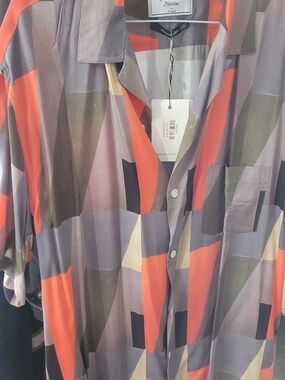 Abstract Geometric Button-Down Shirt - Orange & Gray